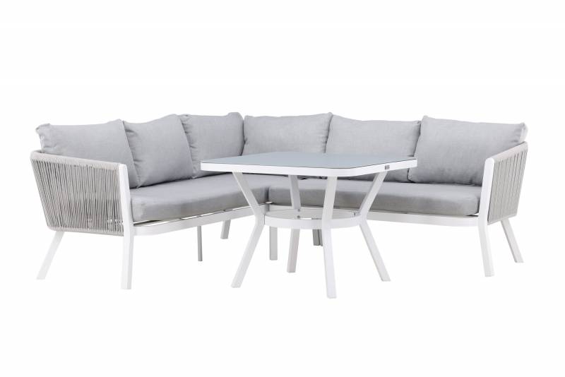 Virya loungegruppe hj&oslash;rnesofa med hynder og bord hvid og gr&aring;