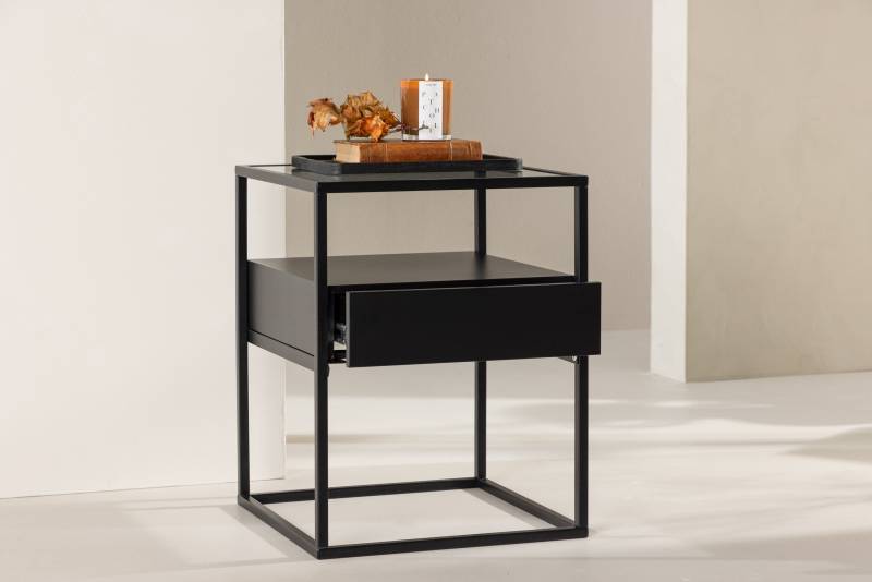 Fortaleza  sidebord 40x40cm med glasbordplade sort