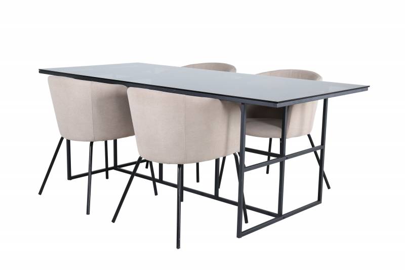 Leif spisebordss&aelig;t 200x90cm glasbord med sort stel + 4 beige stole