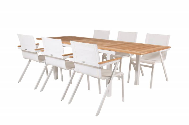 Panama haves&aelig;t med bord 160/240x90cm og 6 stole hvid og teak