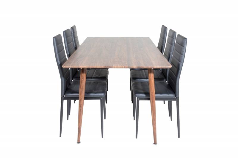 Polar spisebordss&aelig;t 180x90cm valn&oslash;d og 6 sorte PU stole