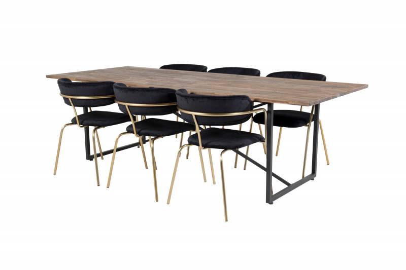 Padang spisebordss&aelig;t 250x100cm  i teak og sort + 6 stole i sort og st&aring;l
