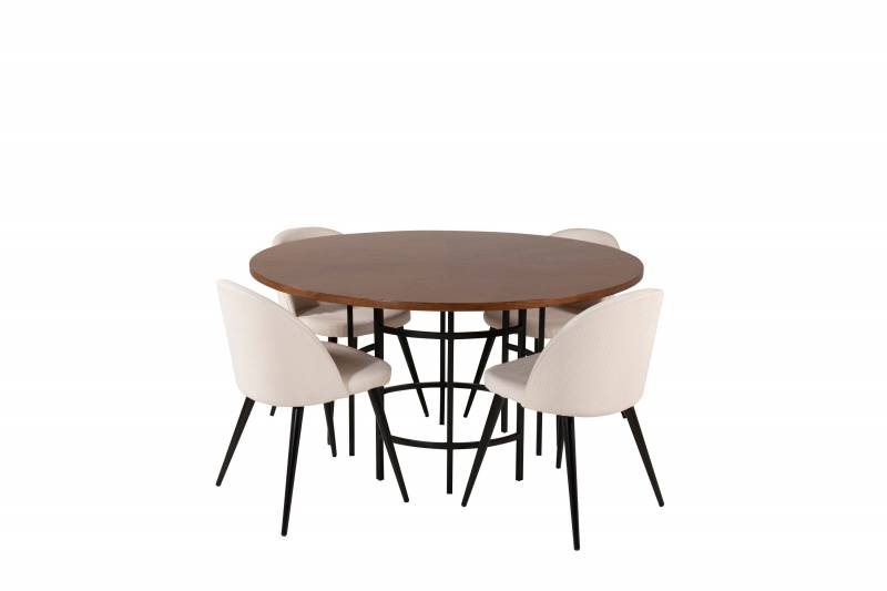 Copenhagen spisebordss&aelig;t med brunt bord &Oslash;140cm + 4 hvid stole