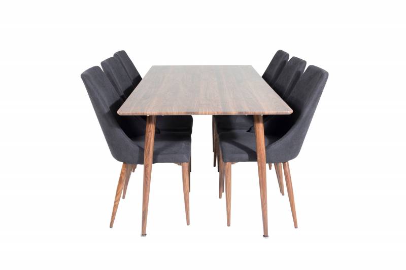 Polar spisebord 180x90cm valn&oslash;d + 6 spisebordsstole sort og valn&oslash;d