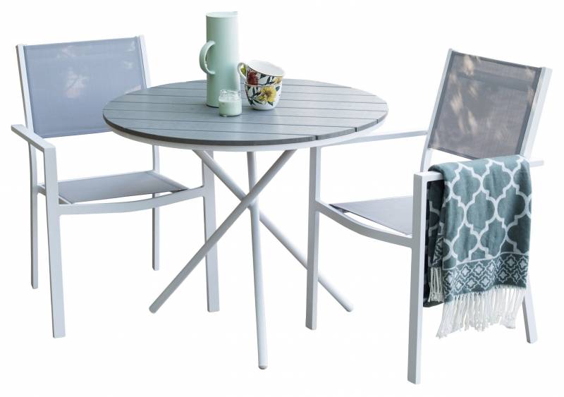 Parma caf&eacute;bord &Oslash;90cm med 2 stole gr&aring; med hvidt stel