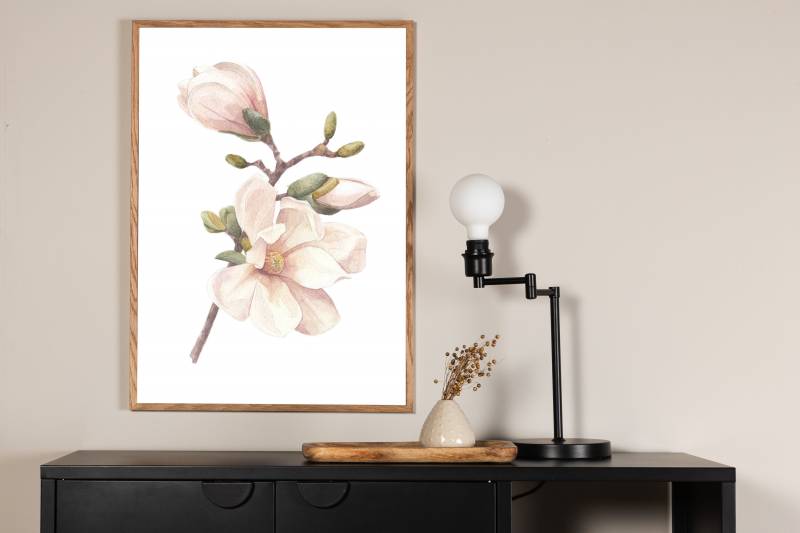 Akvarelplakat 21x30cm med kirseb&aelig;rgren i rosa og gr&oslash;n