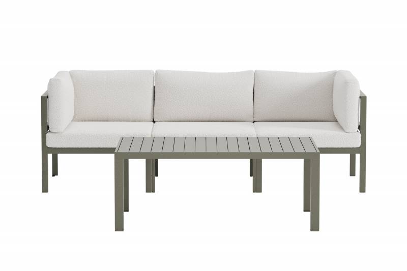 Copacabana&nbsp;havesofas&aelig;t med sofa + bord i brun aluminium med hvide hynder