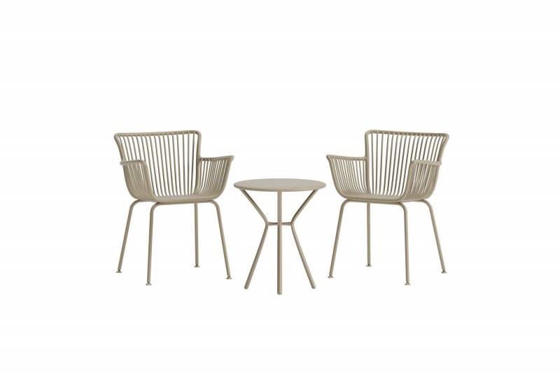 Sifnos cafes&aelig;t med bord og 2 stole i st&aring;l beige