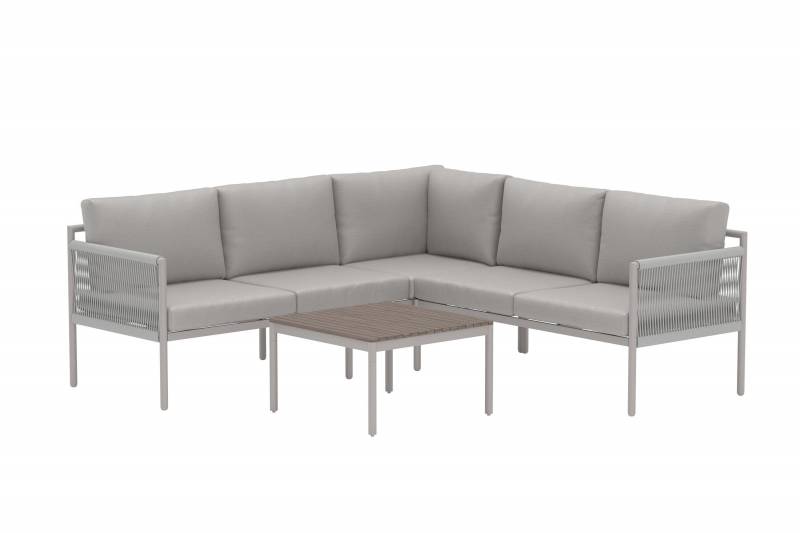 Kos udend&oslash;rs hj&oslash;rnesofa med hynder og bord i beige aluminium
