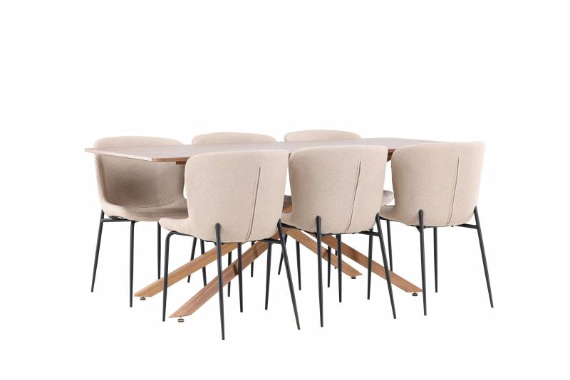 Piazza spisebordss&aelig;t 180x90cm i tr&aelig; med 6 beige Modesto stole
