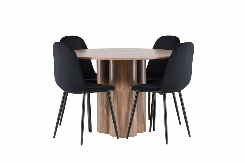 Olivia rundt spisebord &Oslash;110cm MDF brun + 4 sorte stole 