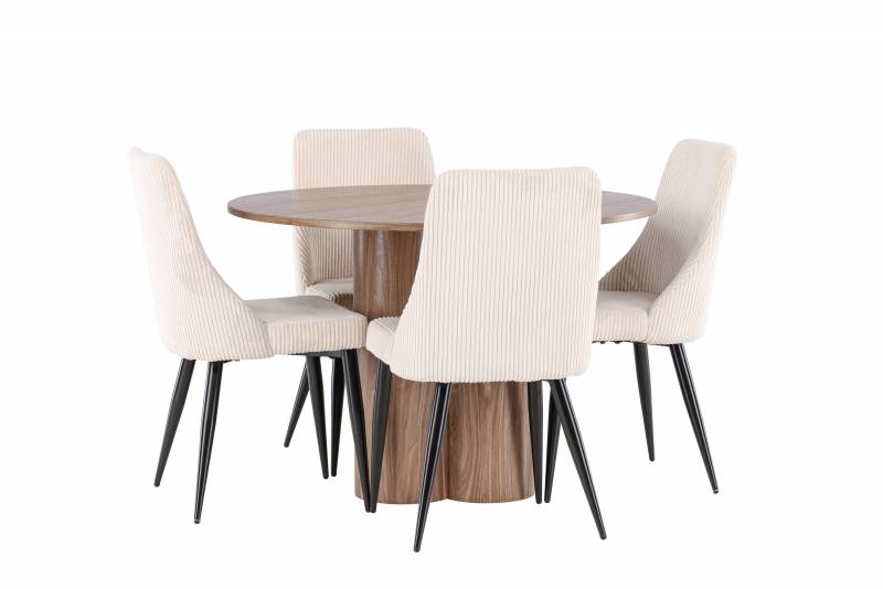 Olivia spisebordss&aelig;t &Oslash;110cm MDF brun + 4 stole i beige fl&oslash;jl