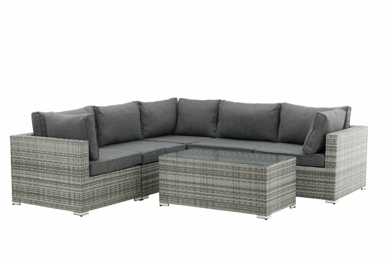 Amazon loungegruppe med hj&oslash;rnesofa og bord i gr&aring; rattan
