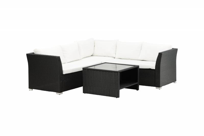 Haiti hj&oslash;rne loungesofa med hvide hynder og bord i sort rattan