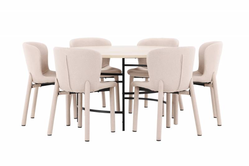 Copenhagen spisebord &Oslash;140cm hvidpudset med 6 beige Astoria stole