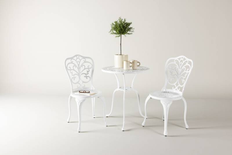 Nandin cafes&aelig;t med bord &Oslash;60cm og 2 stole i hvid aluminium