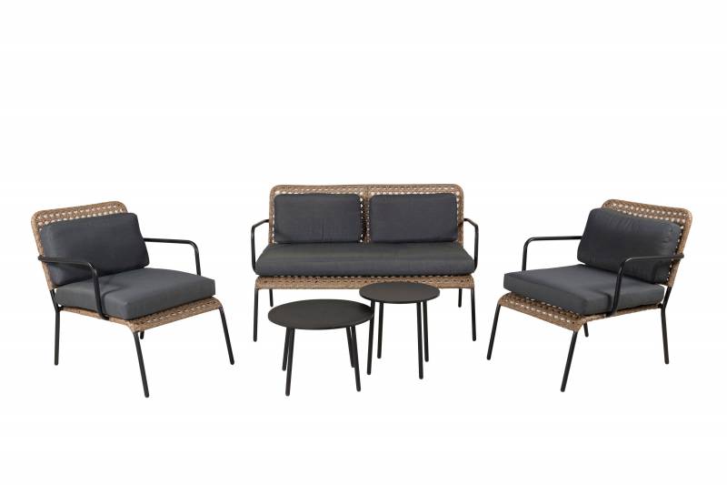 Paola sofagruppe med sofa 2 stole og 2 borde sort og natur