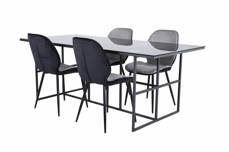 Leif glas spisebord 200x90cm med sort stel + 4 gr&aring; spisebordsstole