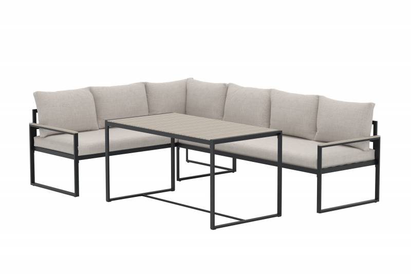 Ios hj&oslash;rnesofa til haven med bord i sort st&aring;l med beige hynder