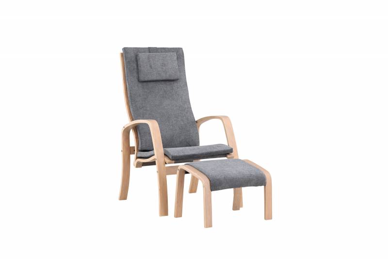Gr&ouml;t&ouml; lounge l&aelig;nestol med skammel i tr&aelig; og gr&aring;t stof