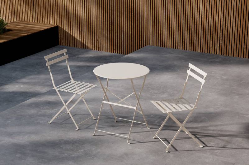 Tao cafes&aelig;t med bord &Oslash;60cm og 2 stole i st&aring;l beige