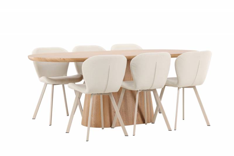 Stj&auml;rn&ouml; spisebord ovalt 200x90cm natur med 6 beige Lilja stole